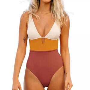 Cupshe Rose Colorblock Keyhole Cutout One Piece Swimsuit- Size Small